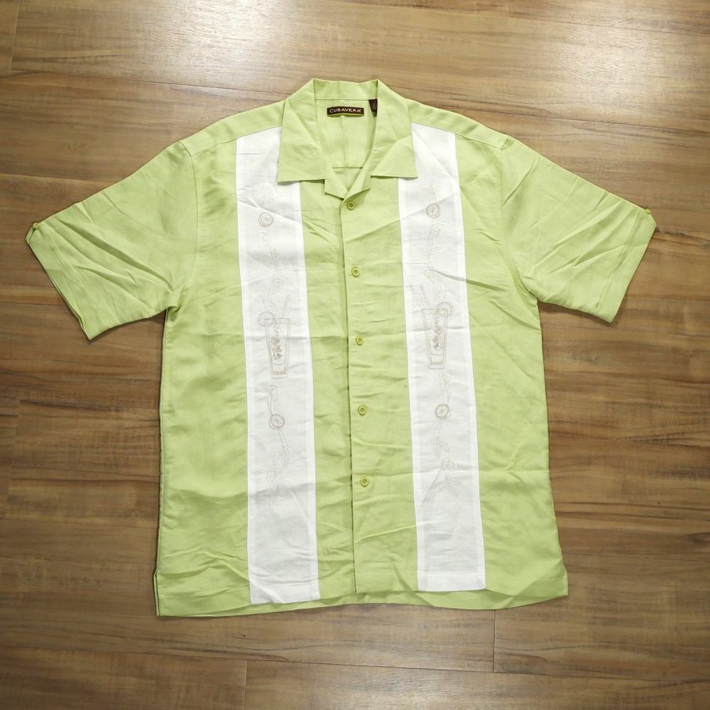 Cubavera Mens Lime Green Linen Blend Embroidered Tropical Drink Camp Shirt L